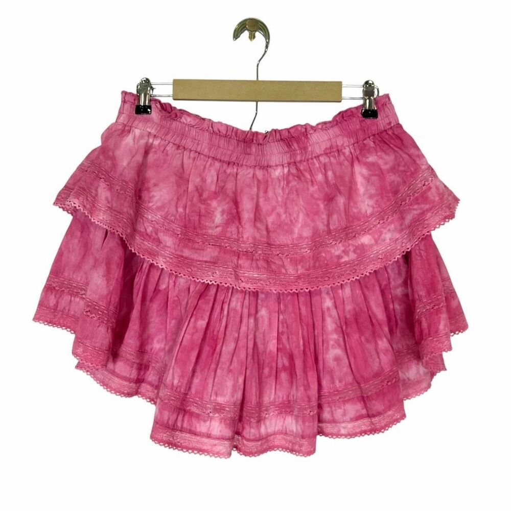 LoveShackFancy Mini Skirt XL Pink Tie Dye Ruffle Tiered Lace Trim Cotton Layered